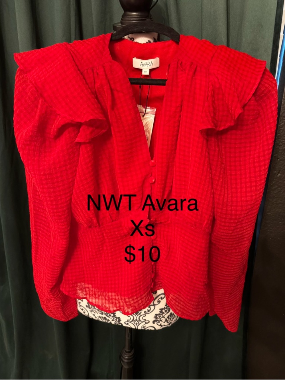 New With Tags Avara  Red Ruffle-Trim Button Blouse